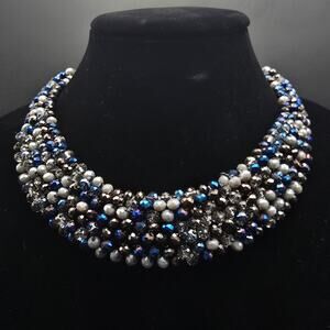 Saachi Blue Gray Beaded Bib Necklace Costume Jewelry